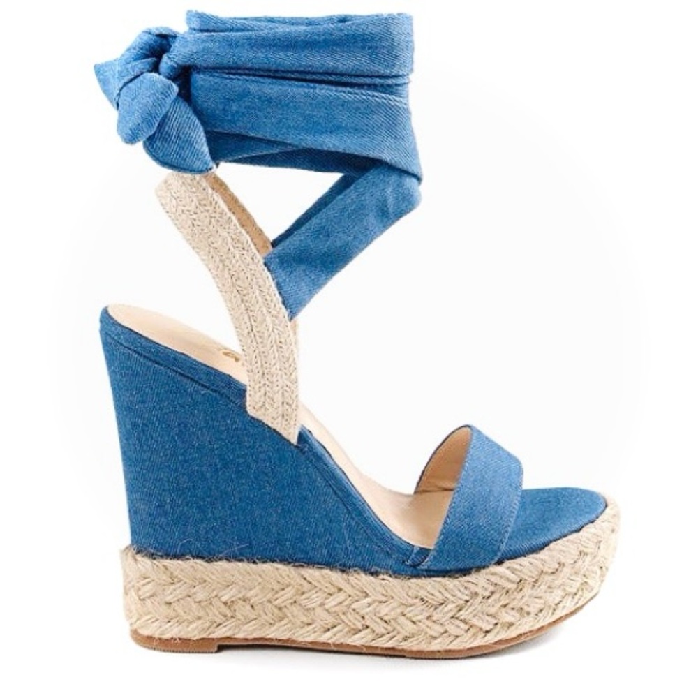 Blue Denim Lace Up Wedge Sandals